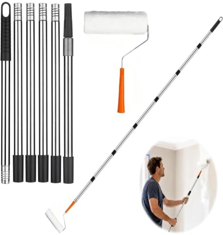 Extendable Paint Roller with Stainless Steel Paint Roller Extension Pole, 9lunch Long Paints Rollers for High Walls and Ceilings, Professional Wall Paints Rollers Set with 3 Quality Brush Head
