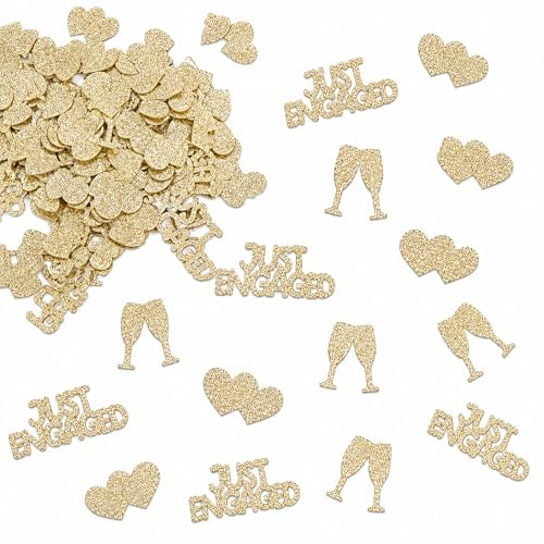 Catelves Just Engaged Konfetti Gold 120 Stück, Glitzer Papier Tischkonfetti mit Herzen & Sektgläsern, Streudeko Tischdeko für Verlobung, Heiratsantrag, Hochzeit, JGA & Bride To Be Party Deko