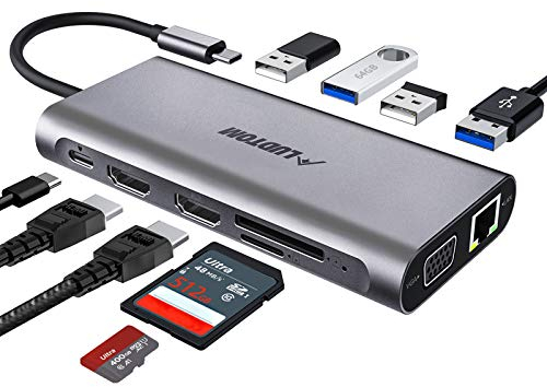 USB C Hub, Laptop Docking Station, Triple Display, Ludtom 11 in 1 Typ C Adapter für 2 HDMI , VGA , Ethernet , SD / TF Karten, 2 * USB 2.0,2 * USB 3.0, PD Aufladung, Kompatibel für Windows, MacBook