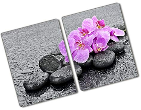 Tulup Schneidebrett Abdeckung Spritzschutz 2x40x52 cm Kochplattenabdeckung Rosa Herdabdeckplatte Gehärtetes Glas - Orchideen Steine