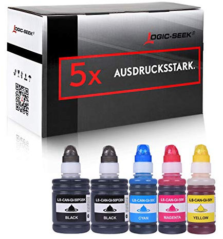 Logic-Seek 5X Tintenbehälter kompatibel für GI50 2X BK je 1x CMY Multipack für Canon Pixma G5050 G6050 G7040 G7050