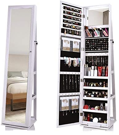 SogesHome Jewellery Cabinet Schmuckschrank mit Spiegel in voller Länge und 360° drehbarem Sockel, Standspiegel Abschließbare Schmuckschränke, Spiegel-Schmuck-Organizer Höhe 160 cm