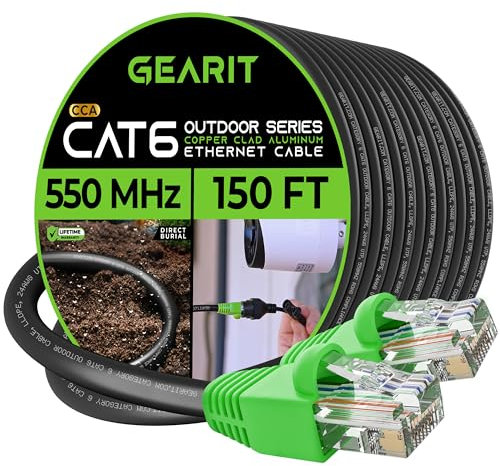 GearIT 52.2m Cat6 Direct Burial Ethernet Cable - Cat 6 Outdoor Waterproof, In-Ground, UV Jacket - UTP 550 Mhz High Speed Internet Broadband Network - CCA (52.2 Meters, 150 Feet)