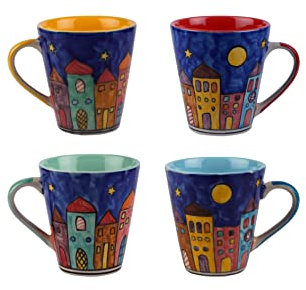 Gall&Zick Kaffeetasse bunt mit Häuserbemalung - handgefertigt aus Keramik- ca 400ml -Set/4