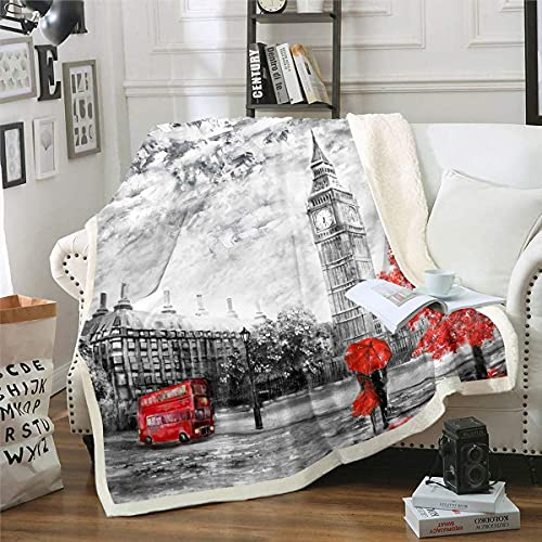 Homemissing London Kuscheldecke für Schlafsofa Couch Paare Weich Big Ben Grau Rot DoppelDecke 150x200cm Busmuster Flanell Fleecedecke Dekorativ Paris Stadtbild Wohndecke Straße