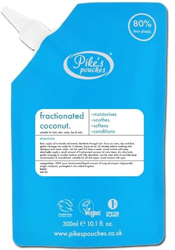 Pure Fractionated Coconut Oil Liquid 300ml – For Skin, Hair, Body, Face, Beard, Lips & Nails | Natural Moisturiser for Dry Scalp Dandruff & Tattoo Healing | Carrier Oil for Massage | Pikes Pouches