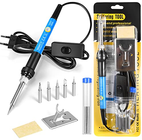 Soldadores de Estaño SREMTCH [Upgraded] 60W Kit del Soldador de Temperatura Ajustable 200-450°C con Interruptor ON/OFF 9 en 1 Kit, 5 Puntas, Alambre de Soldadura 10g y Soporte
