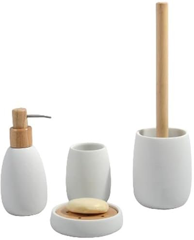 Spirella Badezimmer Set, 4-teiliges Badzubehör aus Polyresin Sven Seifenspender, Seifenschale, WC Bürste und Zahnputzbecher matt Weiß Bambus