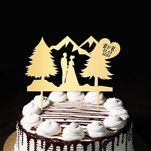 Montagna Romantico Mr And Mrs Rustico Matrimonio Fidanzamento Torta Topper Silhouette Alberi Foresta Sposa & Sposo Cake Toppers Personalizzare Matrimonio Doccia Nuziale Decorazioni di nozze Oro