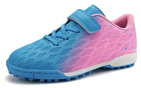 JABASIC Hallen Fussballschuhe Kinder Jungen Mädchen Fußballschuhe Kinder Kunstrasen (33EU,Blau Rosa)