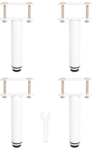 Pied de Lit Universel, Pieds pour Sommier à Lattes sans Perçage | Hauteur: 25cm(+20cm) Reglable | Design: Blanc | Matériel: Metallique | Ronde ø3.8cm | pour Le Cadre Central | avec Boulons | Lot de 4