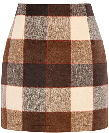 IDEALSANXUN Damen-Minirock mit hoher Taille, kariert, figurbetont, Bleistiftwolle., Dunkelbraun, Groß