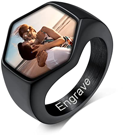 Custom4U Vintage Herren Damen Fingerring Benutzerdefinierter Foto Bandring mit Eigenem Gravur Edelstahl Sechseckig Foto Siegelring Biker Männer Jungen Bandring
