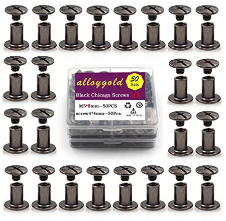 Alloygold 50 juegos de tornillos Chicago para cuero, remaches negros, para manualidades de cuero y encuadernación de libros (M5 x 8)