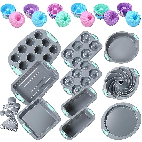 Tongjude 51 Piece Silicone Bakeware Set, Non-Stick Kitchen Oven Baking Pans, Silicone Cake Molds with Muffin Pan, Cookies Baking Sheet, Cake Pan, Donut Pan and Loaf Pan