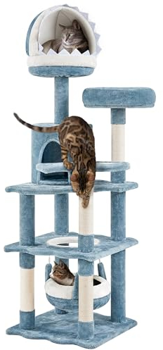 Yaheetech Árbol de Gato con Diseño de Torre para Gatos con Nicho de Tiburón y Plataforma para Peces y Hamaca para Escondite Poste de Sisal Altura 155cm Color Azul y Blanco