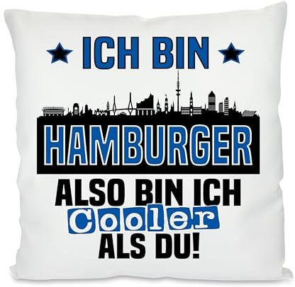 Herzbotschaft Kissen mit lustigem Spruch und Wunschtext auf der Rückseite | Ich Bin Hamburger Also Bin ich Cooler als du! | Fußball Deko-Kissen für Hamburg Fan | Skyline deiner Stadt | 40cm x 40cm |