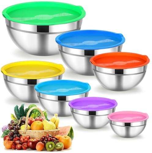 Cinnani Edelstahl Rührschüssel 7er Set, Salatschüssel, Multifunktional Küchenschüssel mit Deckeln, Ideal zum Kochen/Backen/Aufbewahrung, Stapelbar & Spülmaschinenfest