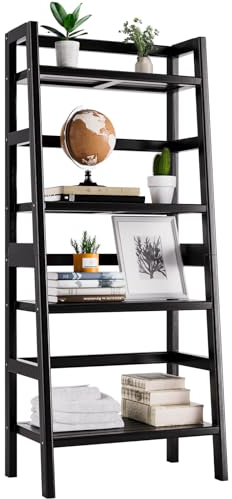HITNET Black Bookshelf, 4-Tier Ladder Shelf, Open Bamboo Bookcase, Freestanding Dispaly Storage Shelving Unit, Space Saving Flower Plant Stand