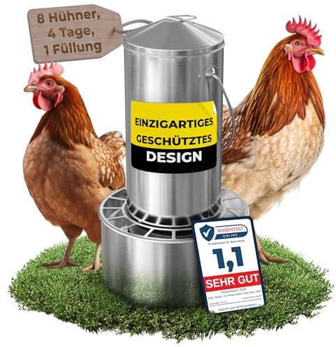 EDELTROOX® Futterautomat 4Liter Volumen Ideal für Hühnerfutter, Entenfutter, Wachtelfutter I Rostfreier Edelstahl I Sicher & Robust FREI VON SCHARFEN Kanten I Aufhängbar I SPART BIS ZU 40% Futter EIN