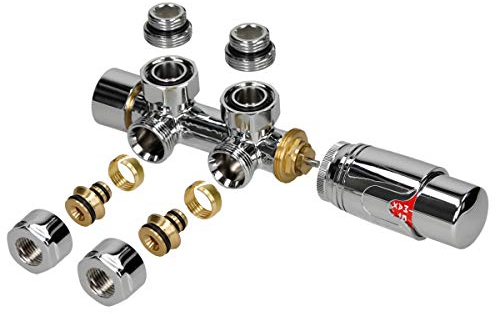 LuxeBath Juego de Grifería Multibloque Cromado de Esquina Incluye Cabezal Termostático para Radiadores de Baño con Conexión Central Cabezado Termostatico Adecuado para Tuberías de Pared