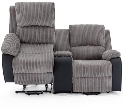 More4Homes POSTANA DUAL MOTOR RISE RECLINER 2 SEATER JUMBO CORD DRINKS CONSOLE MOBILITY SOFA (Grey)
