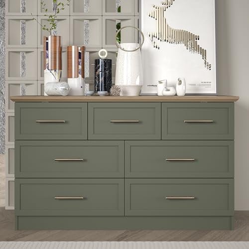 Galano Cleverton 3+4 Drawer Chest – Storage Cabinet & Closet Organizer for Bedroom, Hallway & Entryway (Kale Green/Oak)