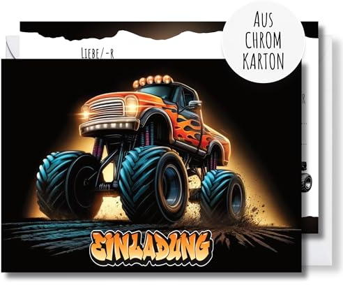 møij 12x Monster Truck Einladungskarten + passende Umschläge für Jungen & Mädchen Kindergeburtstag - aus Chromkarton