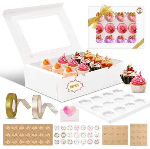 UCAMP 16 Stück Cupcake Box,Cupcake Muffin Box mit Fenster,cupcake transportbox mit Seil und Stickern und Grußkarte,geschützt Aufbewahren und Mitnehmen,für Weihnachten Geburtstag Hochzeit