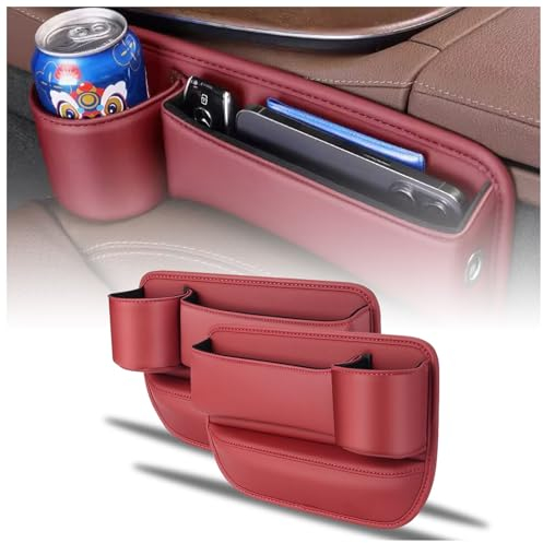 2 Pieces Car Leather Cup Holder Gap Bag, Seat Gap Storage Box, Adjustable Car Seat Storage Box, Leather Cup Holder Gap Bag with Cup Holder for Phones Glasses Keys Cards (Red)