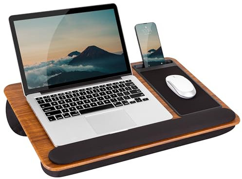 Home Office Pro Knietisch von Lapgear mit Handgelenkauflage, Mauspad und Handyhalterung, espressofarbene Holzmaserung, passend für Laptops bis ca. 40 cm (15,6 Zoll), Stil Nr. 91612