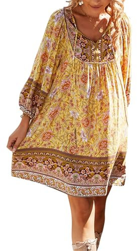 OMZIN Damen Mini Tie Neck Babydoll Kleid Lose 3/4 Ballon Ärmel Kleider Floral Print Sommer Kleid Hellgelb M