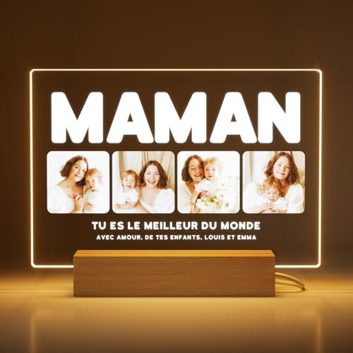 Greatminer Cadeau Fête des Mères avec Photo et Dédicace - Cadre Photo Personnalisé Maman - Idée Cadeau Fête des Mères Anniversaires - Verre Acrylique 18x14 cm avec Option de Socle LED