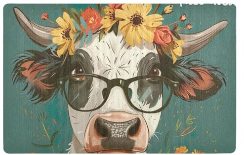ODAWA Fußmatte Kuh mit Brille und Blumenkrone, 81,3 x 50,8 cm, rutschfest, waschbar, leicht zu reinigen