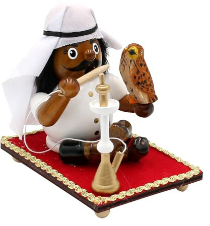 Holz Räuchermann, Räucherfigur, Rauchfigur, Räuchermännchen als Araber mit Pfeife und Falke auf fliegendem Teppich, L/B/H 12 x 8 x 12 cm.