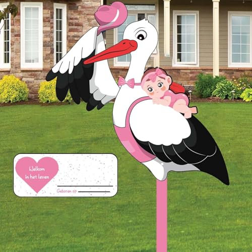 Klapperstorch Baby Rosa,Klapperstorch zur Geburt Draußen,Storch Geburt für Draussen Mädchen,Großer Storch aus Holz,Beidseitig bedruckt,Geburtsstorch inkl Holzstab+ Namensschild Grußkarte