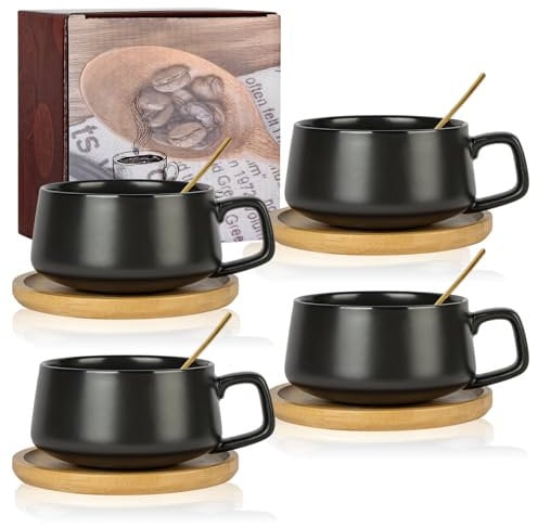 AOOTE Cappuccino Cup & Saucer Set,4 Pcs Porcelain Espresso Coffee Cup with Saucer and Spoon,280 ml Wide Cappuccino Cup,Ceramic Coffee Cup Set for Tea,Coffee,Cappuccino,Espresso,Americano,Latte