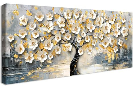 Marco de Madera Grandes Cuadros Decoracion Salon Modernos Lujo Flores Blancas Árbol de la Fortuna Lienzo Decorativo Abstracto Gris Dorado Pintura Cuadros Decorativo Salon Dormitorio 50x120cm