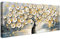 Marco de Madera Grandes Cuadros Decoracion Salon Modernos Lujo Flores Blancas Árbol de la Fortuna Lienzo Decorativo Abstracto Gris Dorado Pintura Cuadros Decorativo Salon Dormitorio 50x120cm