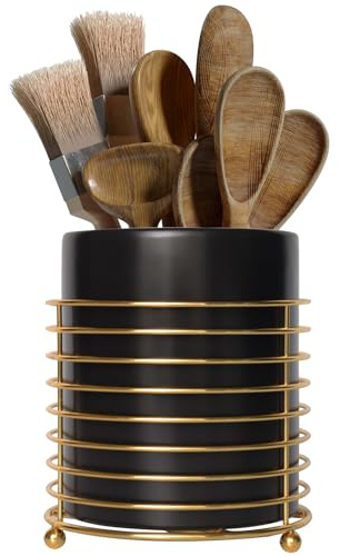 LOUIE SILNA Kitchen Utensil Holder For Countertop,Ceramic Cutlery Holder with Ring Stand,Storage For Kitchen Accessories(Black)