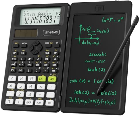 NEWYES Calcolatrice scientifica, calcolatrice ingegneristica 82MS con tavoletta da scrittura e penna inclusa, 240 funzioni, display a 2 righe, forniture per scuole medie e superiori, nero