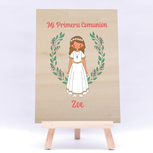cartel madera comunion decoracion bienvenida personalizado caballete evento religioso niño niña mesa dulce cruz caliz paloma letrero identificacion fiesta adorno recuerdo nombre fecha (Niña)