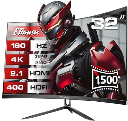 ETiansu Monitor curvado para juegos de 32 pulgadas 4K 160Hz UHD (3840 x 2160) 1 ms AMD FreeSync Premium, 1500R, 125%sRGB, 95%DCI-P3, monitor con altavoz, HDMI 2.1, DP1.4, VESA