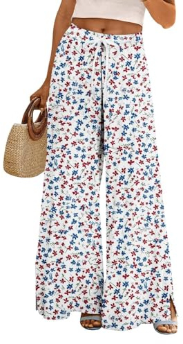 Uwdiohq Pantalon Fluide Femme été Pantalons Bohême Taille Haute Elastique Jambe Large Ample Léger Imprimé Pantalon Décontractée Longueur Pants Chic et Elegant avec Poches