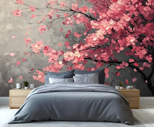 YXQAIED Cherry Blossom Wallpaper, Pink Floral Wallpaper for Living Room, Village Retro Bedroom Wall Paper, Not Self Adhesive Abstract Gray 3D Large Mural & Home Decor Poster, 300x210cm