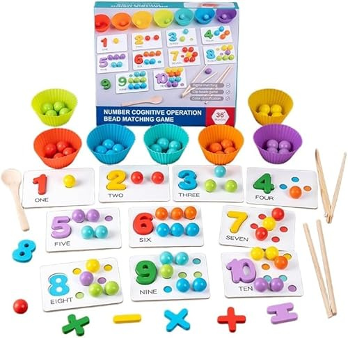 Usper Montessori Spielzeug 1 2 3 4 5 Jahre, Holz Pädagogische Mathe Lernspielzeug Perlen, Farben Sortierspiel mit 63 Perlen, Essstäbchen und Löffeln