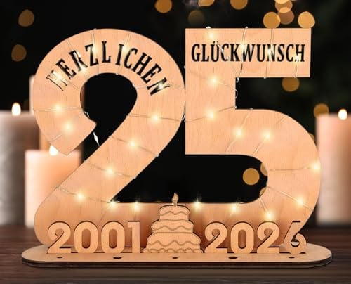 Giftota - 2026 Originelle 25 Geburtstag Geschenk Frauen & Männer - 25 Silberhochzeit - Geldgeschenke 25 mit LED Lichterkette Ständer - Holz-Schild Gästebuch - 25 Geburtstag Deko - Hochzeitsgeschenke