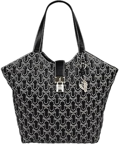 True Religion Unisex's Tote Bag, Horseshoe Quilt Purse with Padlock Detail, Removable Branded Charm and Gold Hardware, Black
