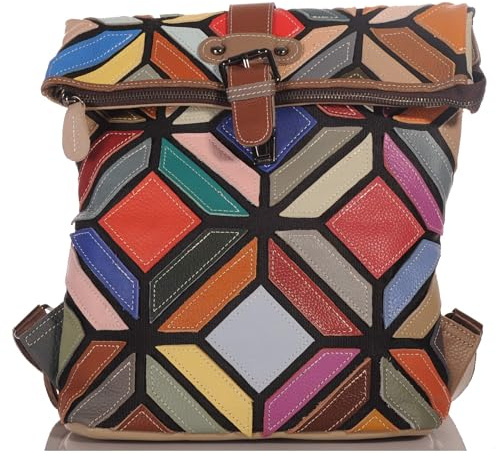 KMISSO Damen Leder Rucksack Echtleder Patchwork bunt – kleiner City Rucksack für Damen, geometrisches Design, verstellbare Schultergurte & Tragegriff, 30x33x9 cm