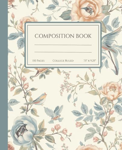 Blue Jay & Pink Ranunculus Composition Notebook | 110 Pages, College Ruled, 7.5 x 9.25 | Vintage Aesthetic College Ruled Journal | Pretty Floral ... Illustration Aesthetic, Gift for Student